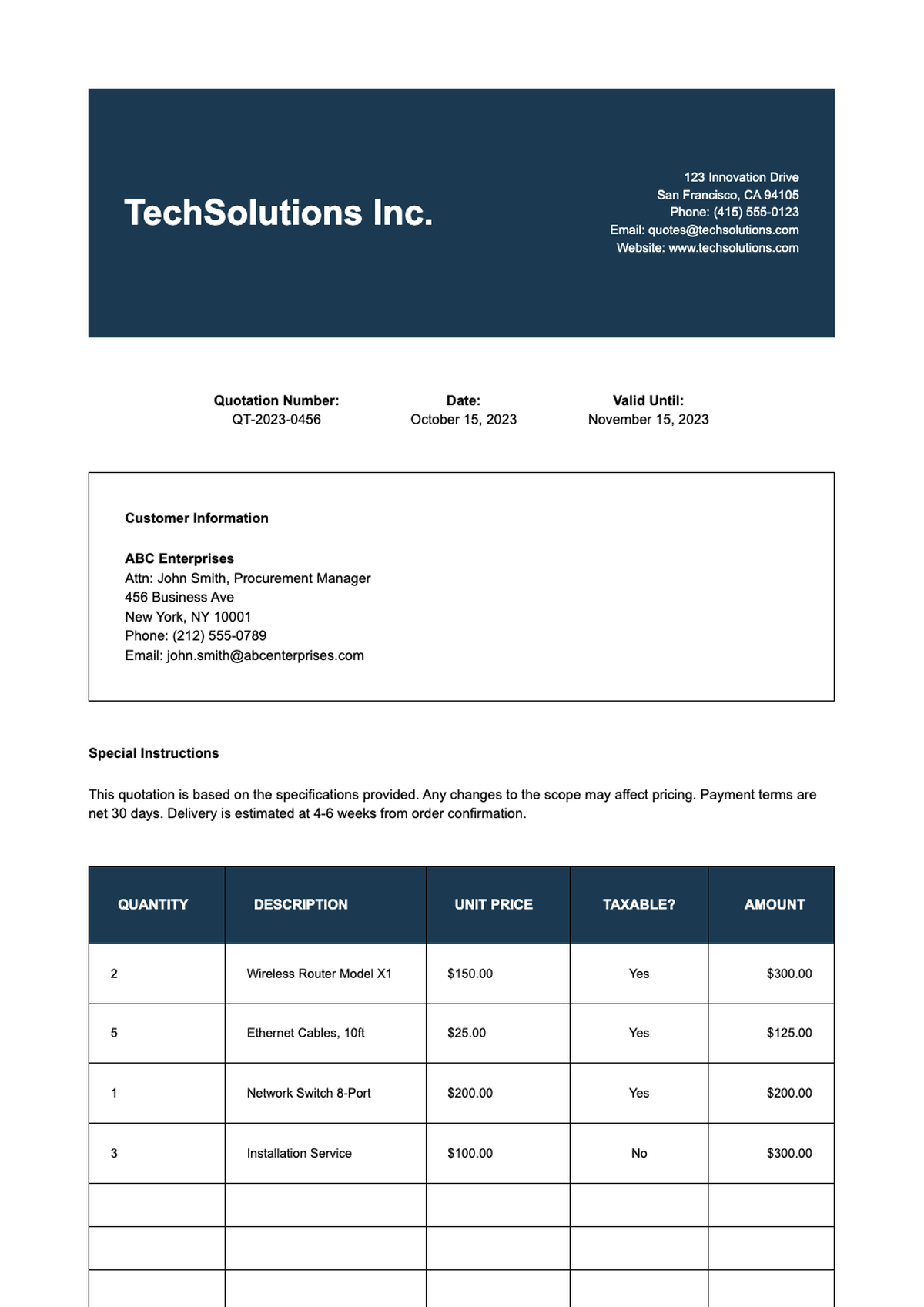 Professional quotation form with blue header and tax calculation_variant_3